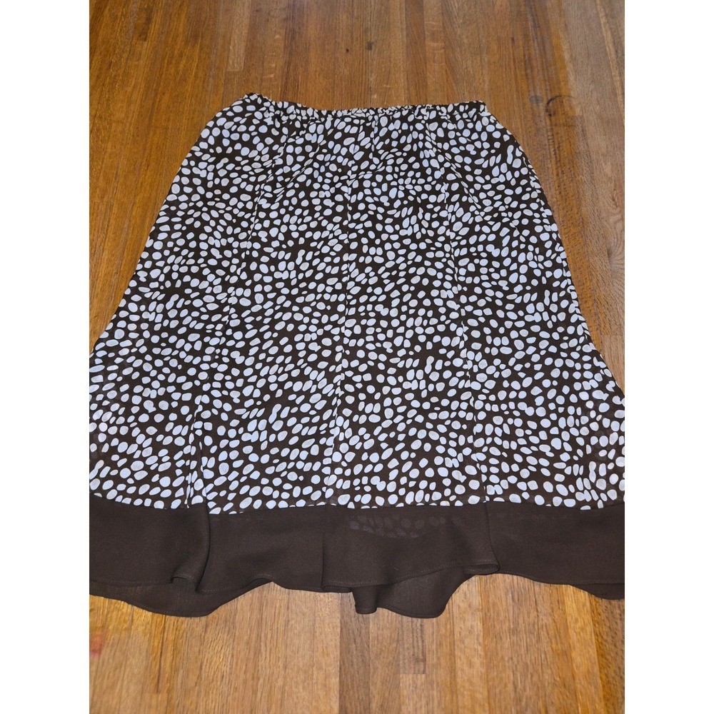 Women 8 Brown White Polka Dot Pebble Print Elastic Waist Lined Midi A-line Skirt